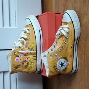 Brand New Custom Embroidered Mustard Yellow Converse High Top Sneakers